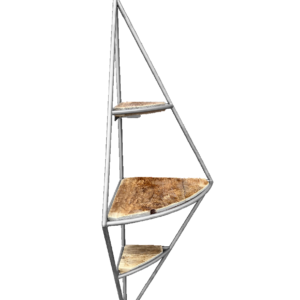 Eckregal aus Edelstahl mit Holzboden