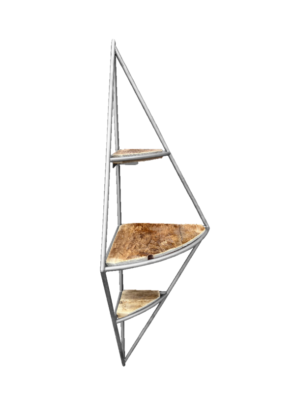 Eckregal aus Edelstahl mit Holzboden